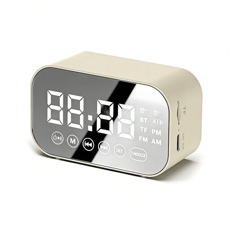 Multifunctional Bluetooth speaker alarm clock, mirror display with dual alarms, FM radio, portable student bedside clock