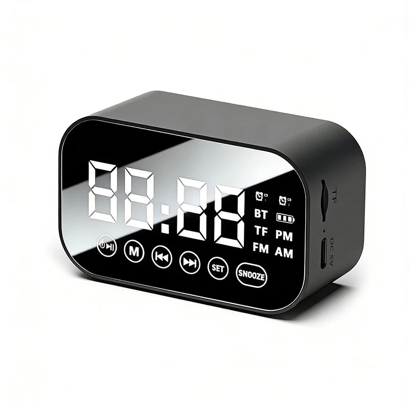 Multifunctional Bluetooth speaker alarm clock, mirror display with dual alarms, FM radio, portable student bedside clock