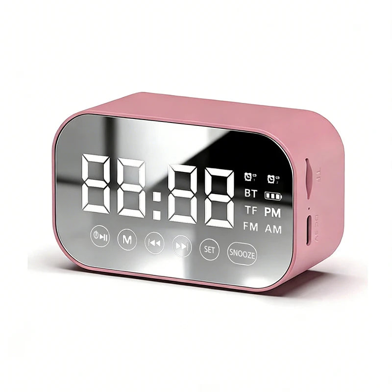 Multifunctional Bluetooth speaker alarm clock, mirror display with dual alarms, FM radio, portable student bedside clock