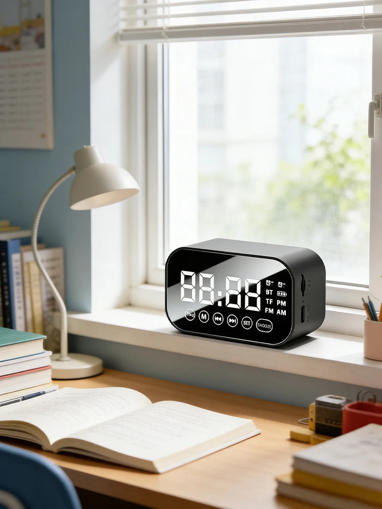 Multifunctional Bluetooth speaker alarm clock, mirror display with dual alarms, FM radio, portable student bedside clock