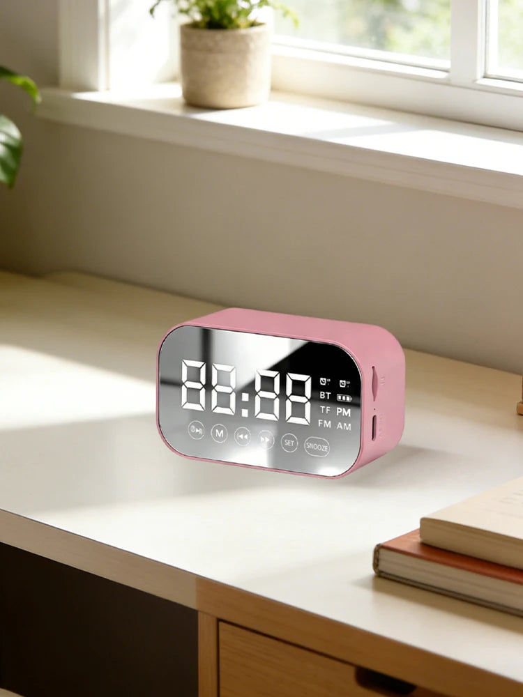 Multifunctional Bluetooth speaker alarm clock, mirror display with dual alarms, FM radio, portable student bedside clock