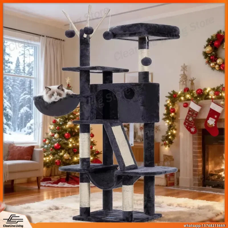 53 Inch Cat Tree with Padded Bed Cozy Condo Hammock Scratching Post for Indoor Cats Smoky Gray Pet Furniture Cat Activity
