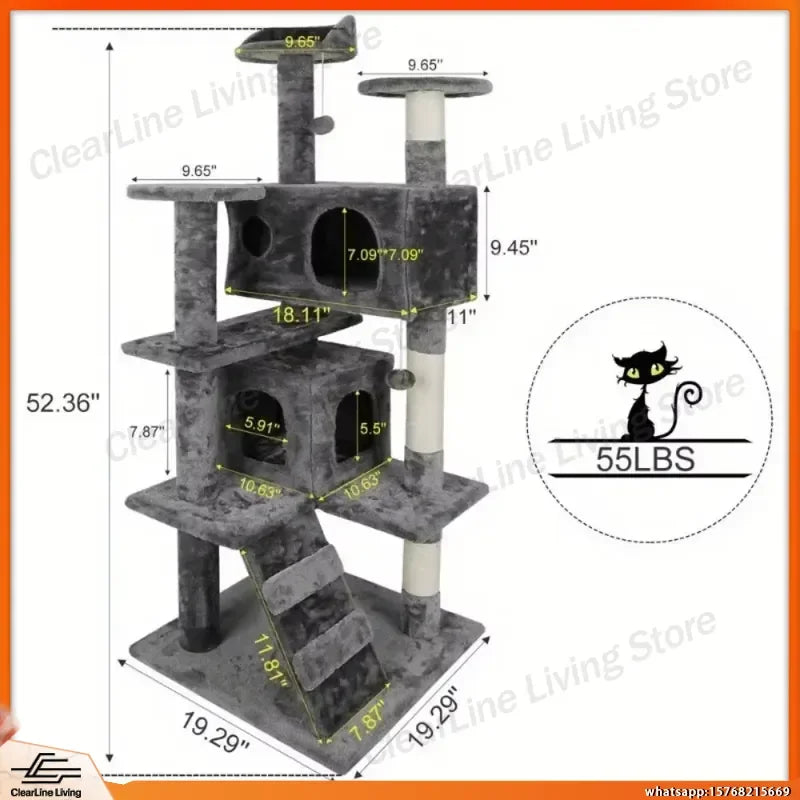 55 Inch Cat Tree Tower with Scratching Posts Condo Bed Perch Toys for Cats Indoor Activity Center Grey Beige Blue Brown Pink