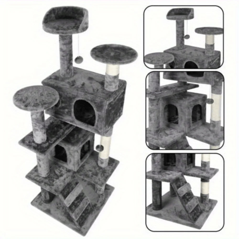 55 Inch Cat Tree Tower with Scratching Posts Condo Bed Perch Toys for Cats Indoor Activity Center Grey Beige Blue Brown Pink