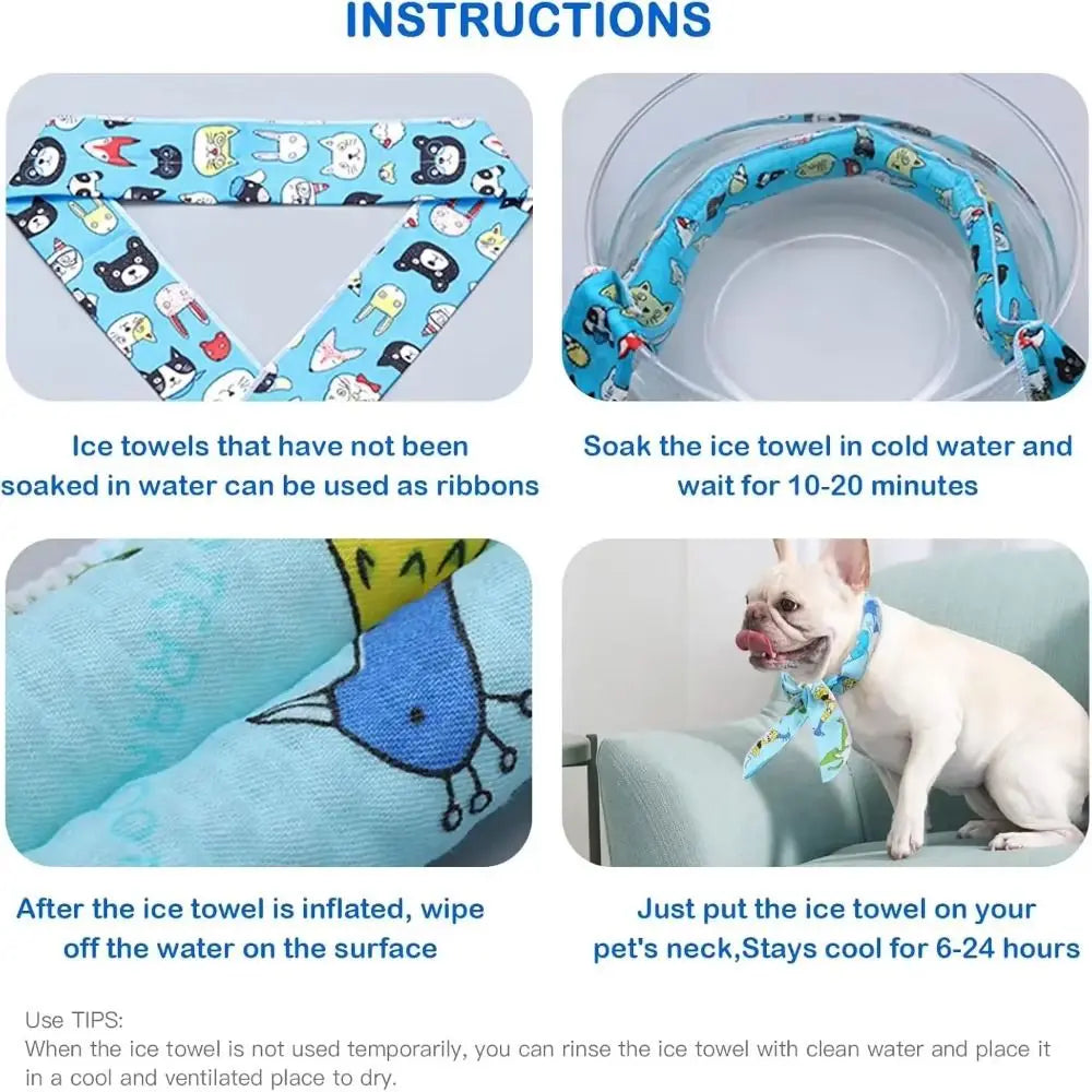 2Pcs Cute Print Pet Cooling Ice Scarf Breathable Towel Fast Cooling Pet Cool Neck Ring Ice Towel Reusable Dog Cooling Collar