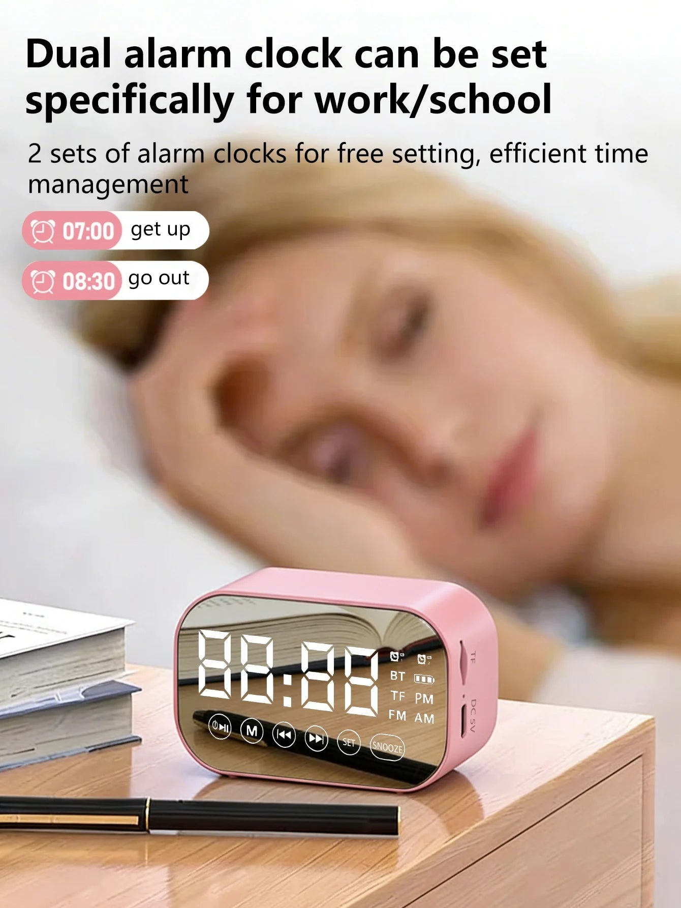 Multifunctional Bluetooth speaker alarm clock, mirror display with dual alarms, FM radio, portable student bedside clock
