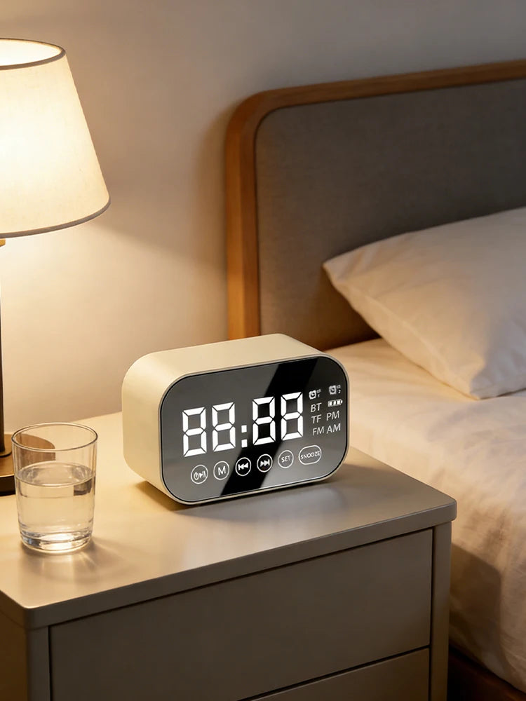 Multifunctional Bluetooth speaker alarm clock, mirror display with dual alarms, FM radio, portable student bedside clock