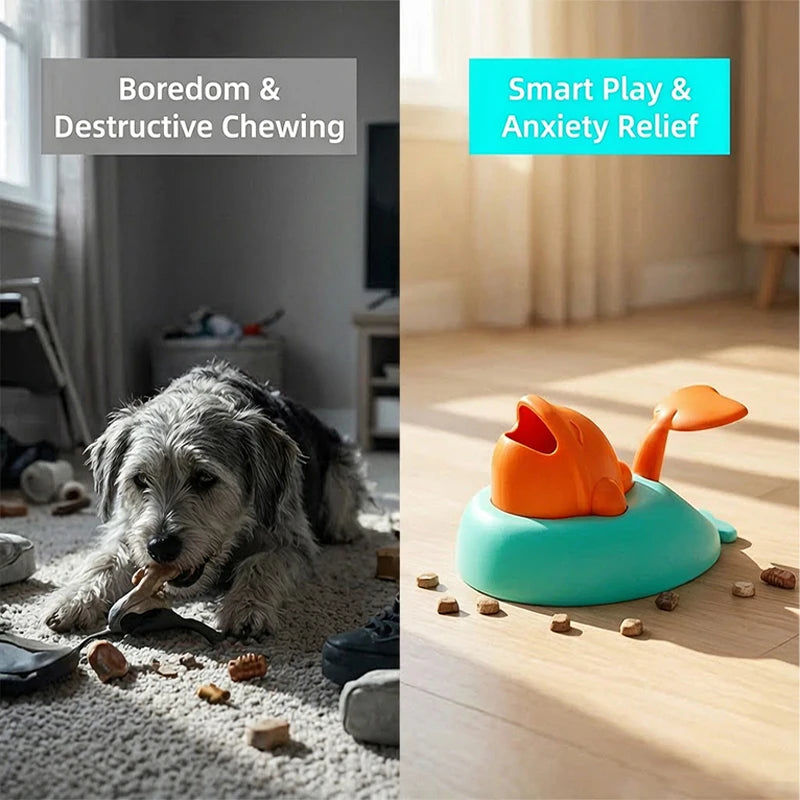 Dog Pet Interactive Food Toy Puzzle Press-to-Dispense Whale Shaped Slow Feeder Boredom Buster Training Reward Dispenser for Pets