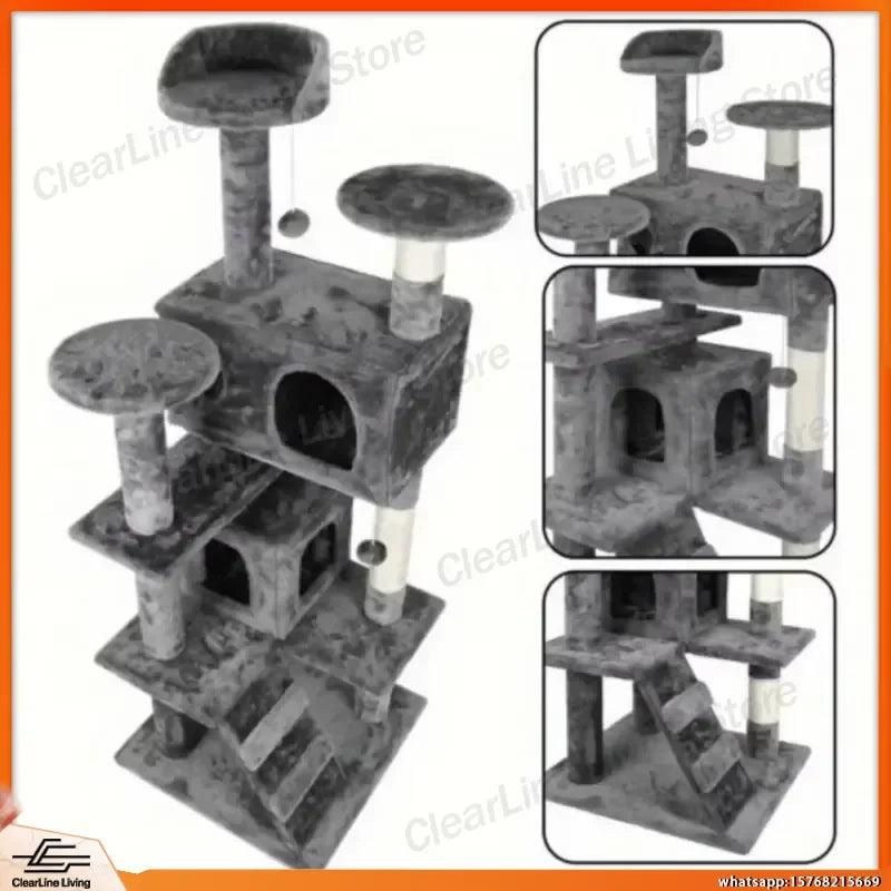 55 Inch Cat Tree Tower with Scratching Posts Condo Bed Perch Toys for Cats Indoor Activity Center Grey Beige Blue Brown Pink