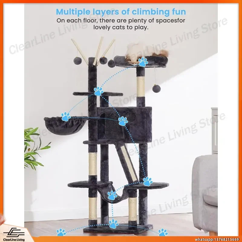 53 Inch Cat Tree with Padded Bed Cozy Condo Hammock Scratching Post for Indoor Cats Smoky Gray Pet Furniture Cat Activity
