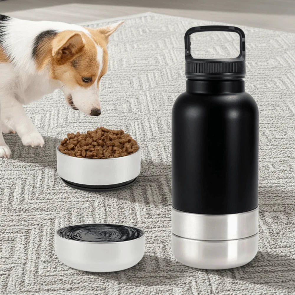 3 in 1 Stainless Steel Pet Water Bottle 32Oz Detachable Dog Feeding Bottle Large Capacity Multi-layered Pet Food Bottle Hiking