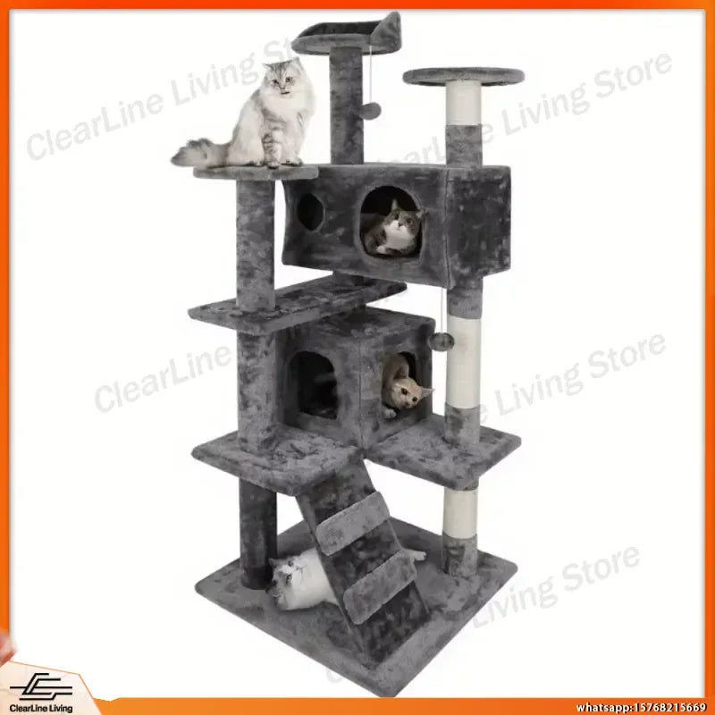 55 Inch Cat Tree Tower with Scratching Posts Condo Bed Perch Toys for Cats Indoor Activity Center Grey Beige Blue Brown Pink