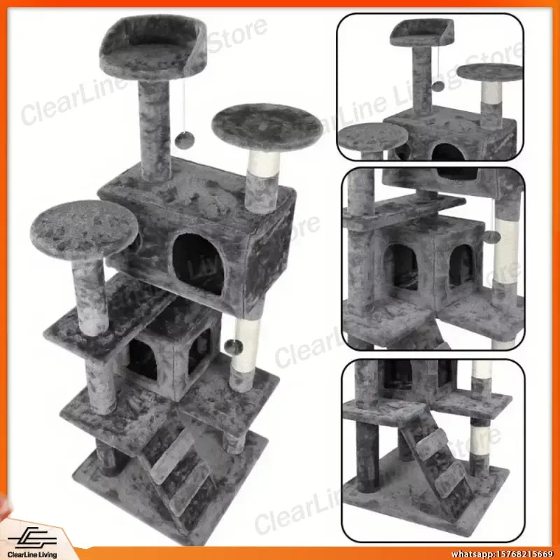 55 Inch Cat Tree Tower with Scratching Posts Condo Bed Perch Toys for Cats Indoor Activity Center Grey Beige Blue Brown Pink