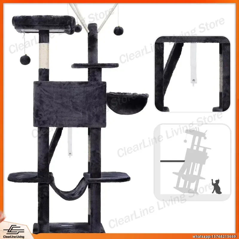53 Inch Cat Tree with Padded Bed Cozy Condo Hammock Scratching Post for Indoor Cats Smoky Gray Pet Furniture Cat Activity